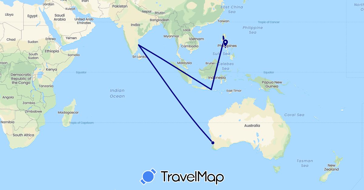 TravelMap itinerary: driving in Australia, Indonesia, India, Philippines (Asia, Oceania)